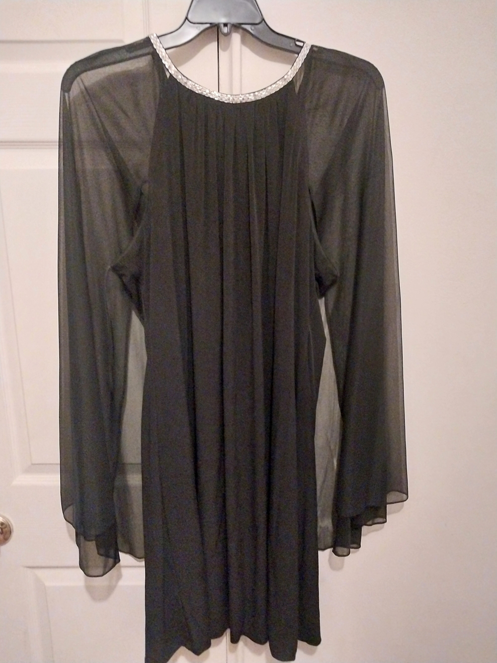 Black Long-Sleeve Chiffon Dress with Embellished Neckline